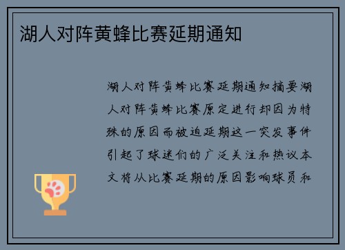 湖人对阵黄蜂比赛延期通知
